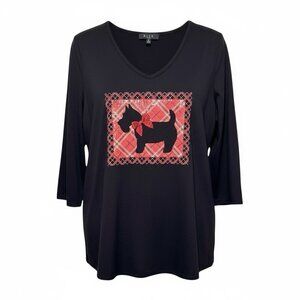 BLEU Scottie Dog Sequin Red Black 3/4 Sleeved Shirt Top Womens Plus Size 1X